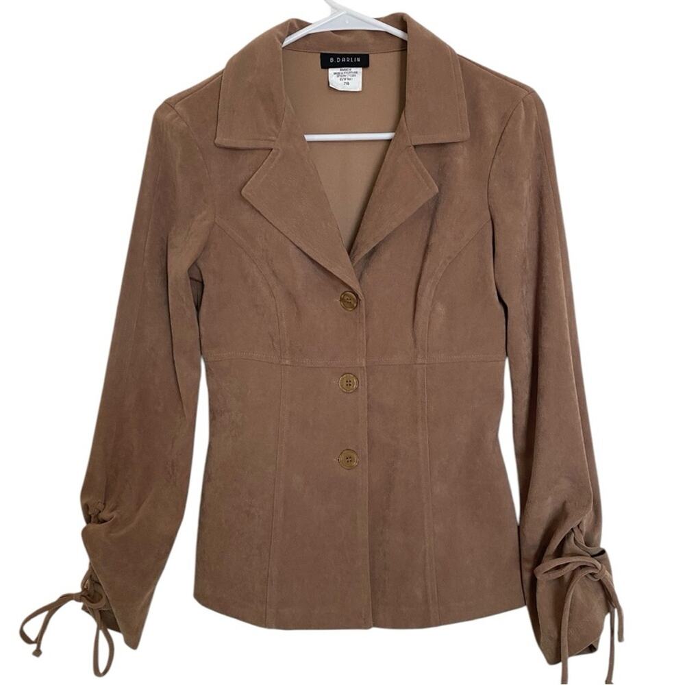 B. DARLIN Brown Faux Suede Button Front Blazer Jacket with Tie Sleeve Detail 7/8